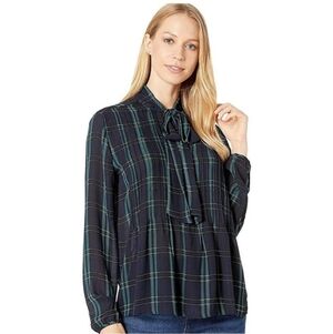 1.State Plaid Georgette Long Sleeve Tie Neck Pintuck Sleek Plaid Blouse XS